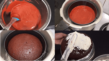 Indian Recipes Eggless Red Velvet Cake in Pressure cooker with
